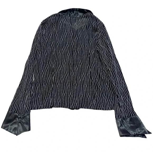 Y2K Black and silver striped sheer button up shirt size 14 - Picture 2 of 10